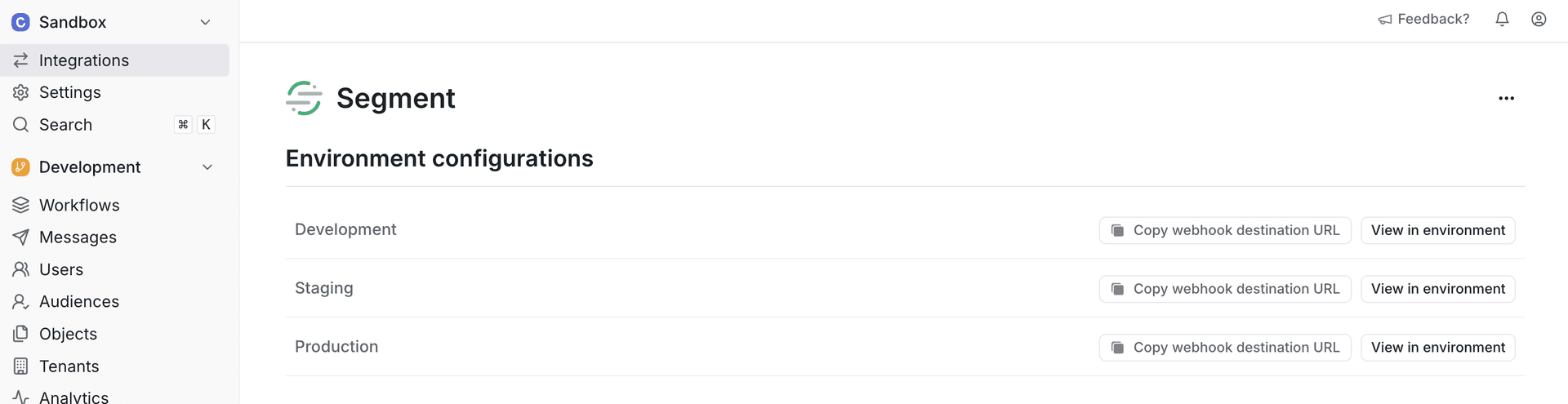 A view of the environment configurations for a source in a Knock account